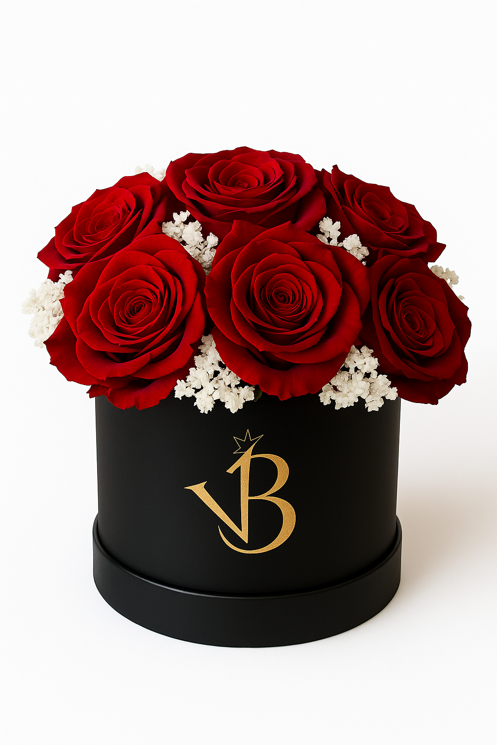 Boîte à chapeau noire avec 9 roses rouge éternelles roses et petites fleurs blanches stabilisées, logo doré VB.