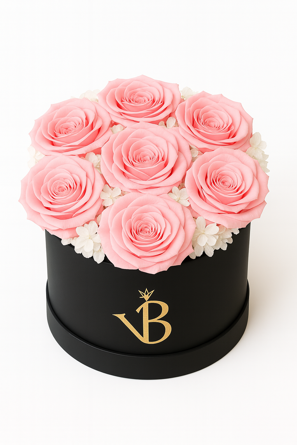 Boîte à chapeau noire avec 9 roses éternelles rose et fleurs blanches stabilisées